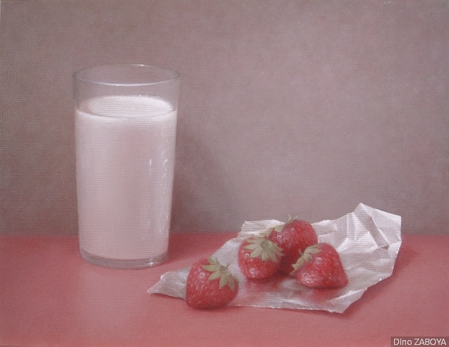 Tableau Verre de lait et fraises